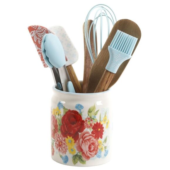 Pioneer Woman Sweet Rose Mini Crock Utensils Set 8-Pc Ceramic Silicone Wood NEW - Picture 1 of 5